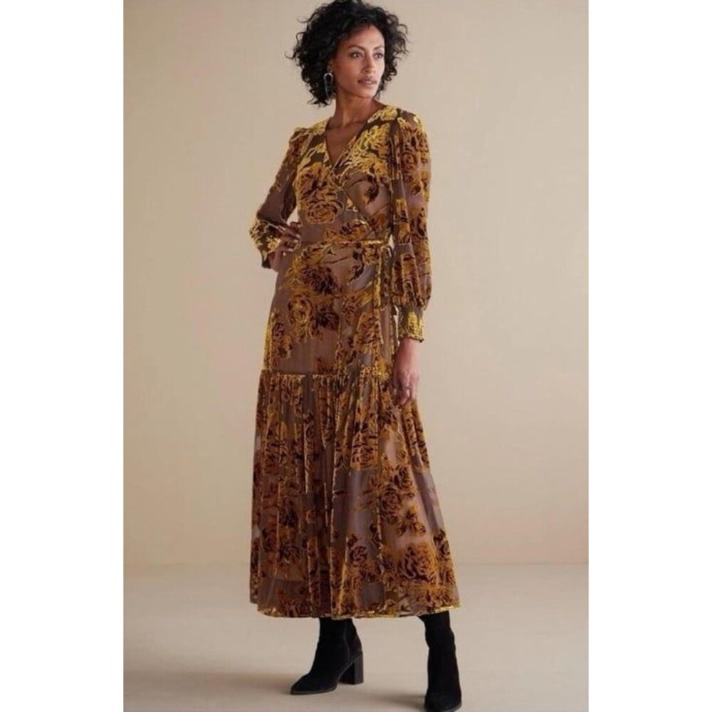 Soft Surroundings 1X Velvet Burnout Floral Maxi Wrap Dress Brown Gold Boho